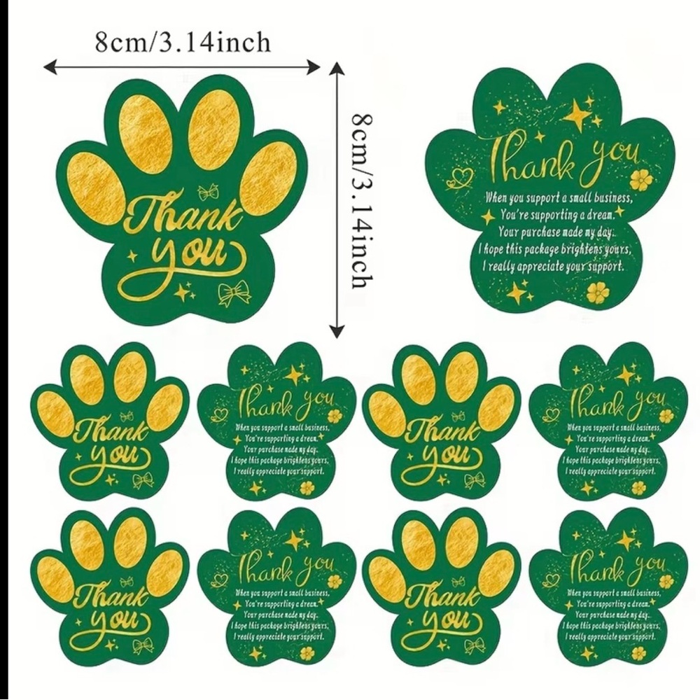 50 Paw Print Thank You Card - Green & Gold - Picture 3 of 7